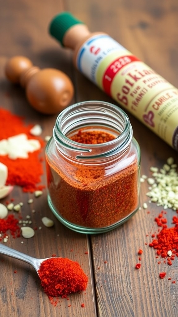A jar of boudin seasoning blend with spices on a wooden table.